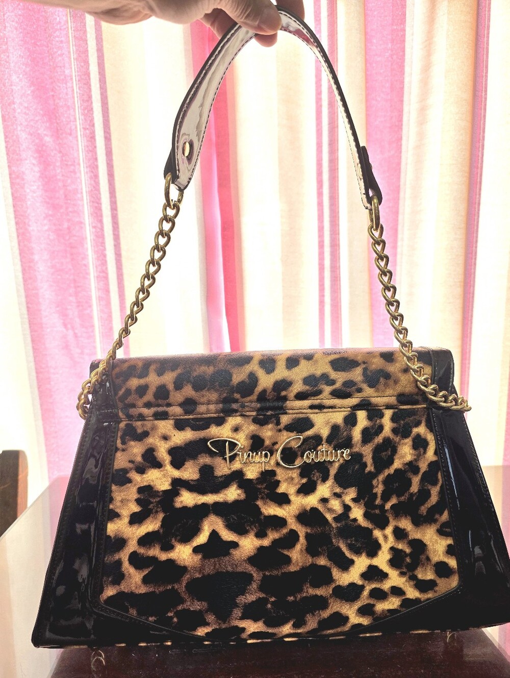 Like New Pinup Couture Leopard Print Shoulder Bag with Patent Leather Black Trim - Picture 2 of 7